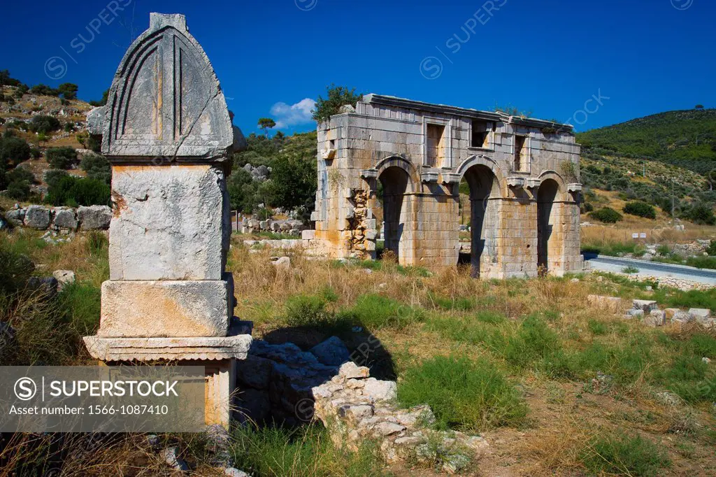 City gate and Lycian tomb  Patara ruins  Antalya province  Mediterranean coast  Turkey