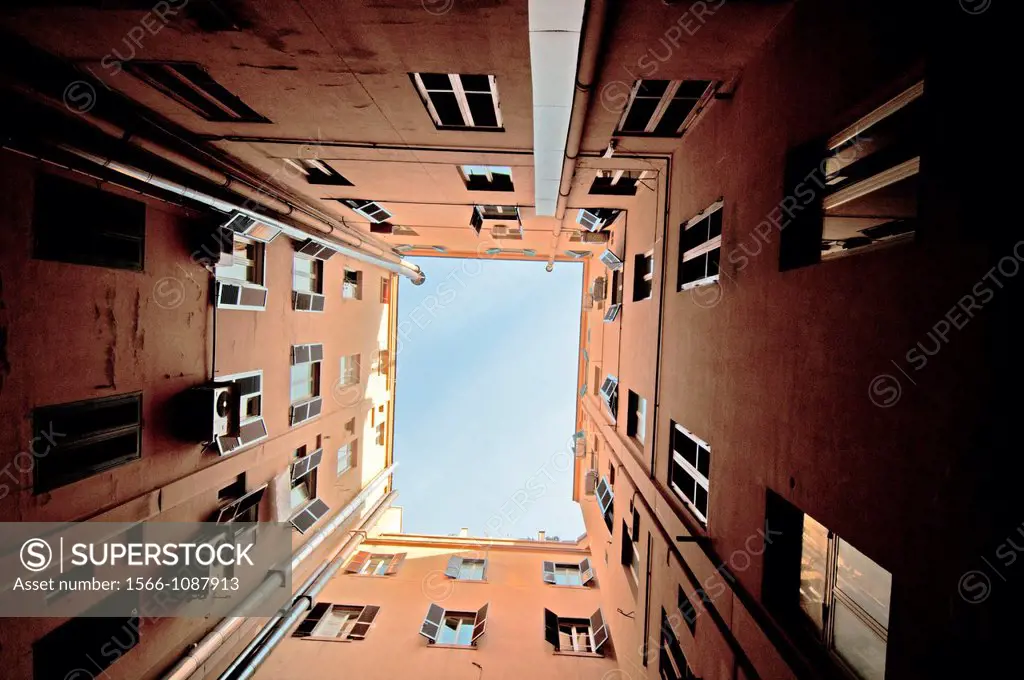 view from the yard toward sky, one of the housing buildings in Rome, Italy