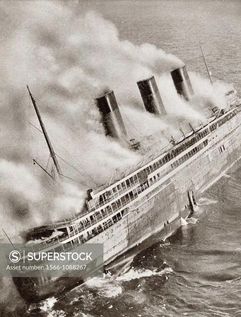 The ocean liner S S  L´Atlantique of the French Line, on fire and adrift in 1933  From The Story of 25 Eventful Years in Pictures, published 1935