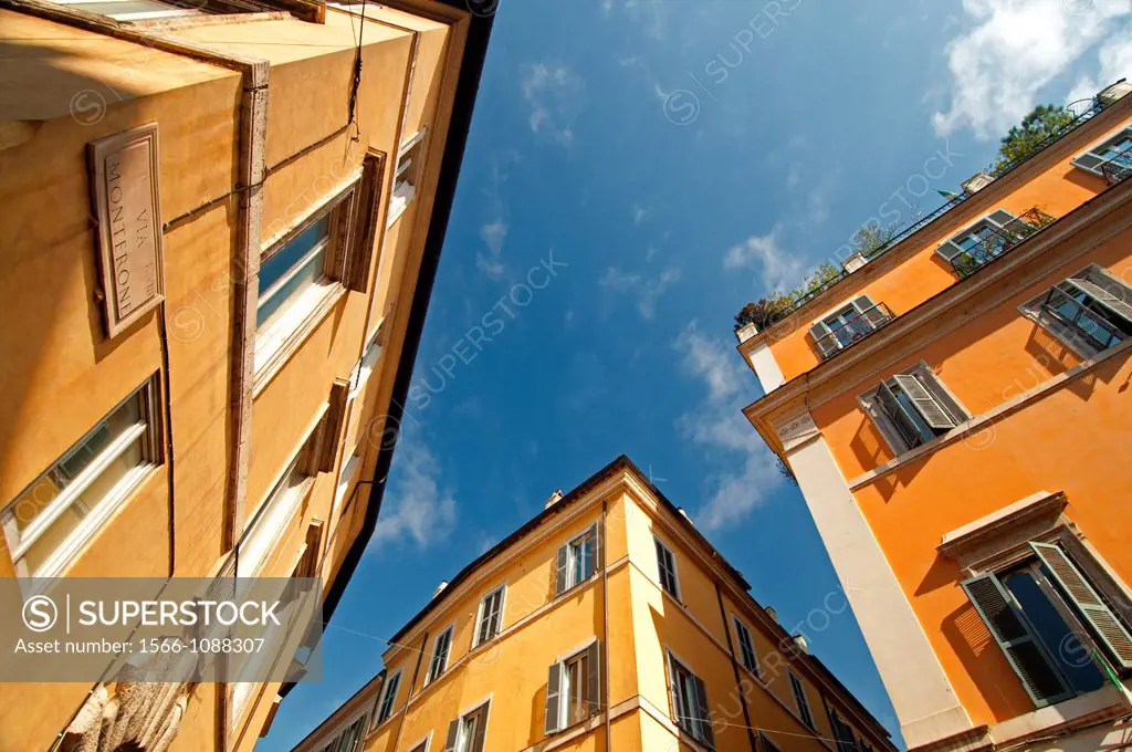 housing buildings against the blue sky, Via Montfrone, Rome, Italy