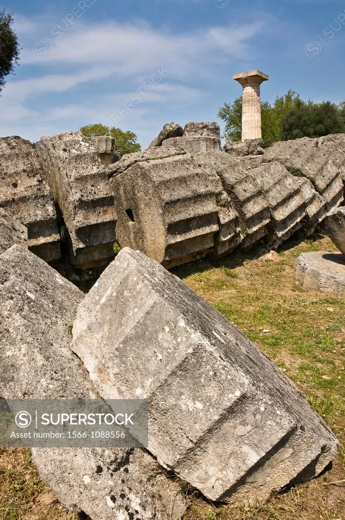 A re erected doric column towers over similar fallen column drums at the Temple of Zeus at ancient Olympia, Peloponnese, Greece