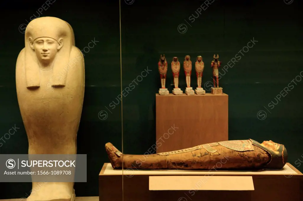 Different style of cases or coffins of egyptian mummy display in Metropolitan Museum of Art  Manhattan  New York City  USA.