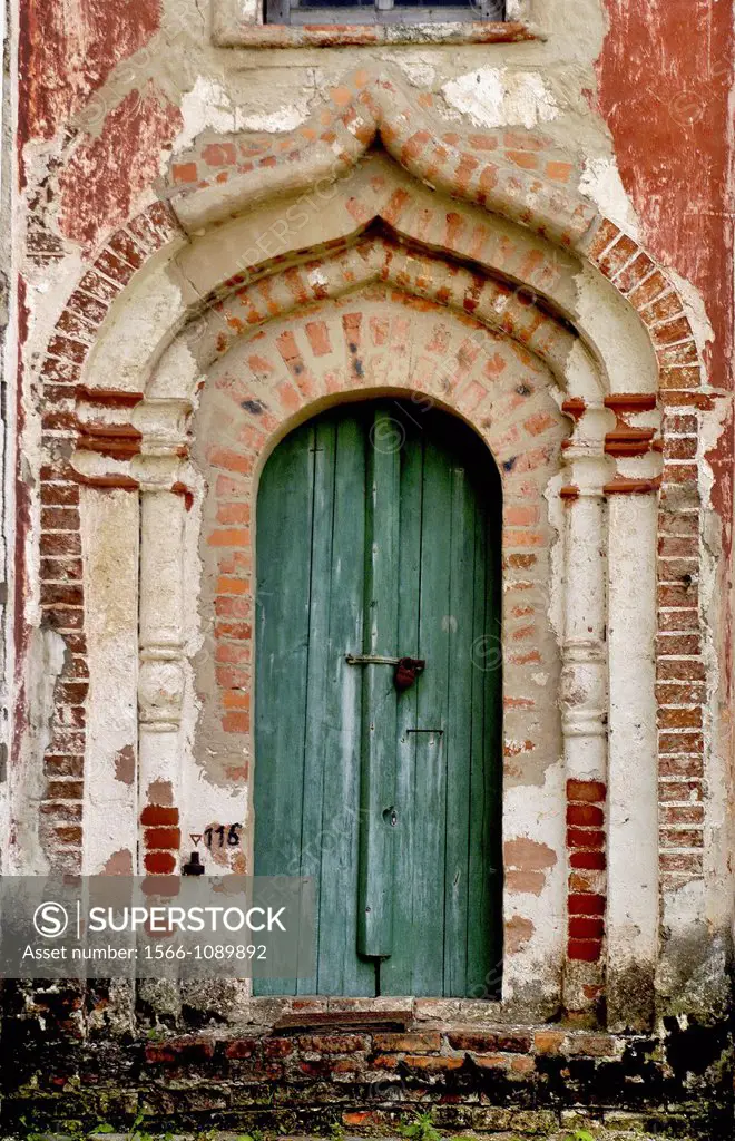 Russia, Goritzy, Monastery of the Resurrection, founded by Saint Cyril in 1397, Door showing some restoration work Vologda Oblast