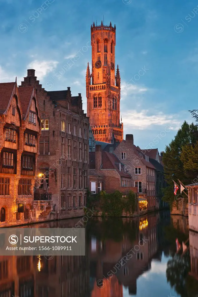 View from Rozenhoedkaai via the Reie river to Belfry, built from 1282 to 1482 The tower is 88 meters high The carillon consists of 47 bells, Bruges, B...