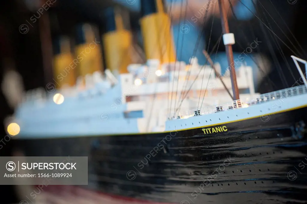 Scale model of the Titanic on display at a media preview for the auction of the salvaged material recovered from the wreck of the RMS Titanic, seen at...