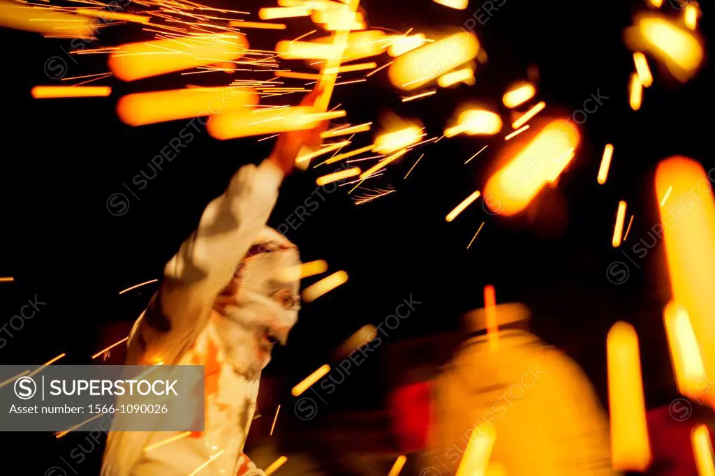 Correfoc´, typical celebration in which devils armed with fireworks dance through the streets. San Antonio festival, Cinctorres, Castellon, Castellón ...