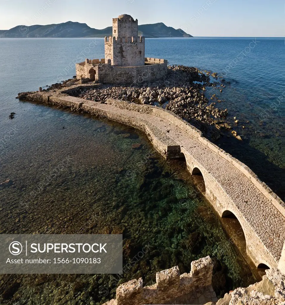 Looking down on the Bourtzi tower a small fortified island and part of the fortress complex at Methoni, Messinia, Southern Peloponnese Greece  The tow...