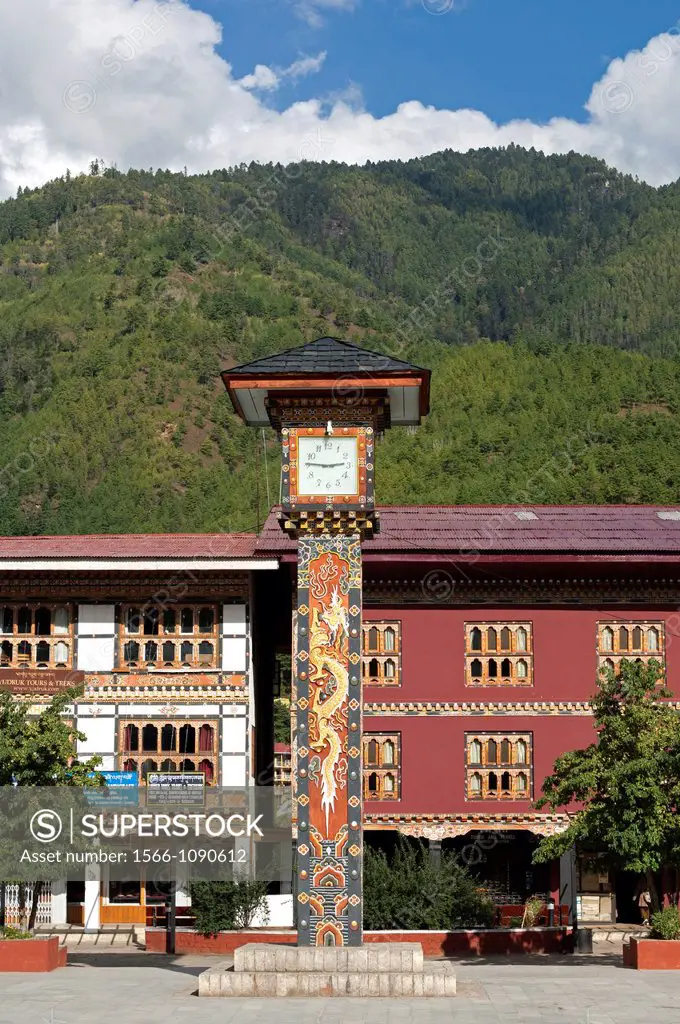 The clock tower on the central square in Thimphu, Bhutan