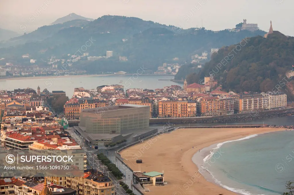 Spain, Basque Country Region, Guipuzcoa Province, San Sebastian, elevated view of town and Kursaal convention center from Monte Ulia, dawn