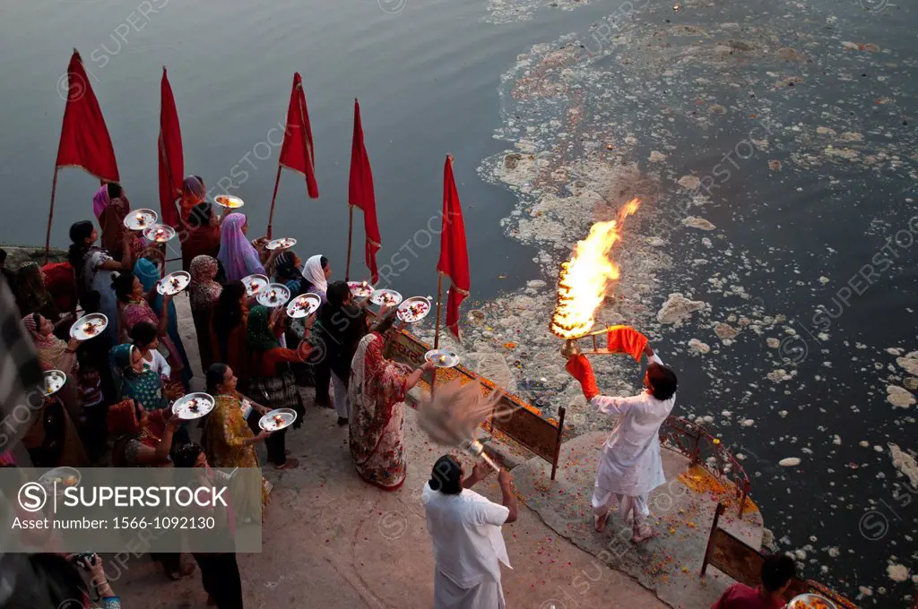 Aarti ceremony on Yamuna river, Vrindavan, Uttar Pradesh, India,