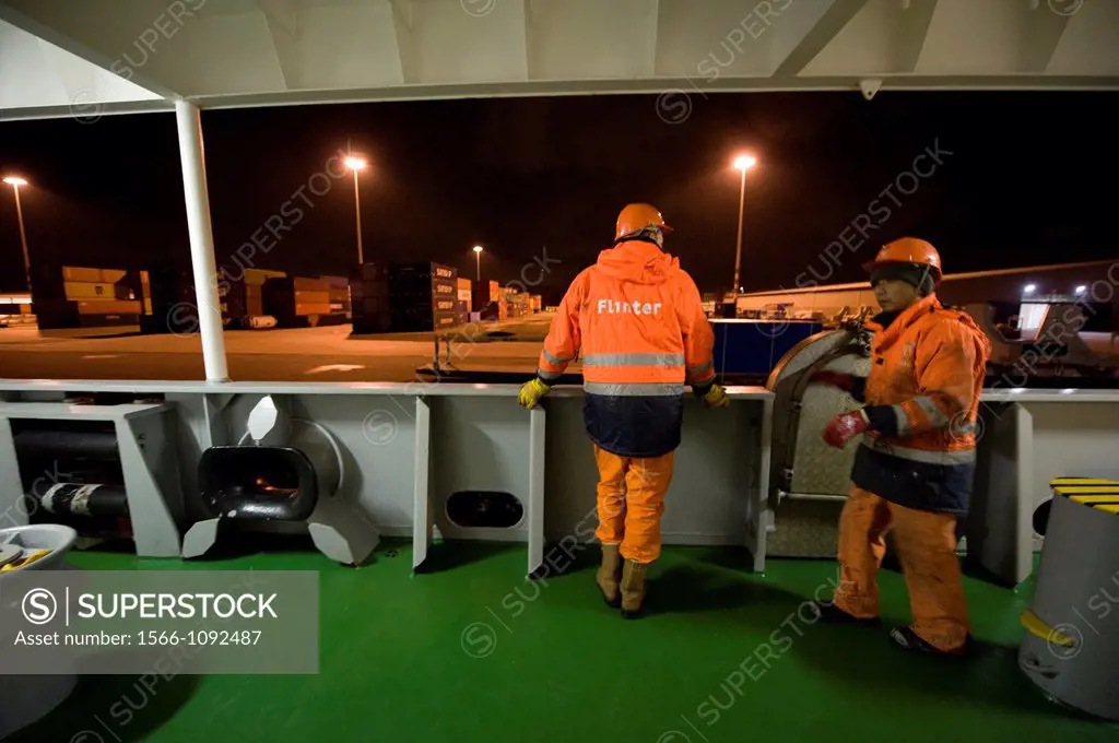 An Indonesian Seamen or sailor and a Dutch Cadet on the container-vessel MV Flintercape, during a journey from Rotterdam, Netherlands, to Sundsvall, S...