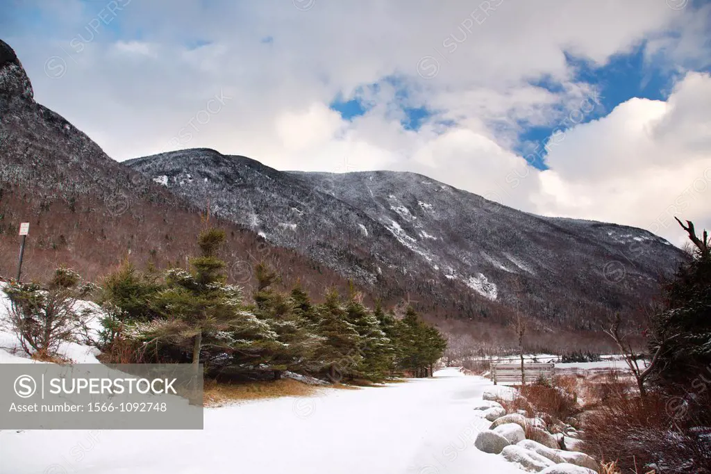 Franconia Notch State Park during the winter months in the White Mountains, New Hampshire USA