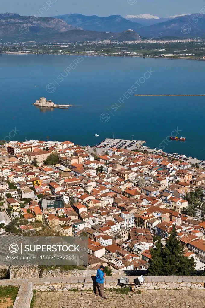 Looking down on the old town of Nafplio and across the Argolikos Gulf, from the Palamidihi fortress  Argolid, Peloponnese, Greece