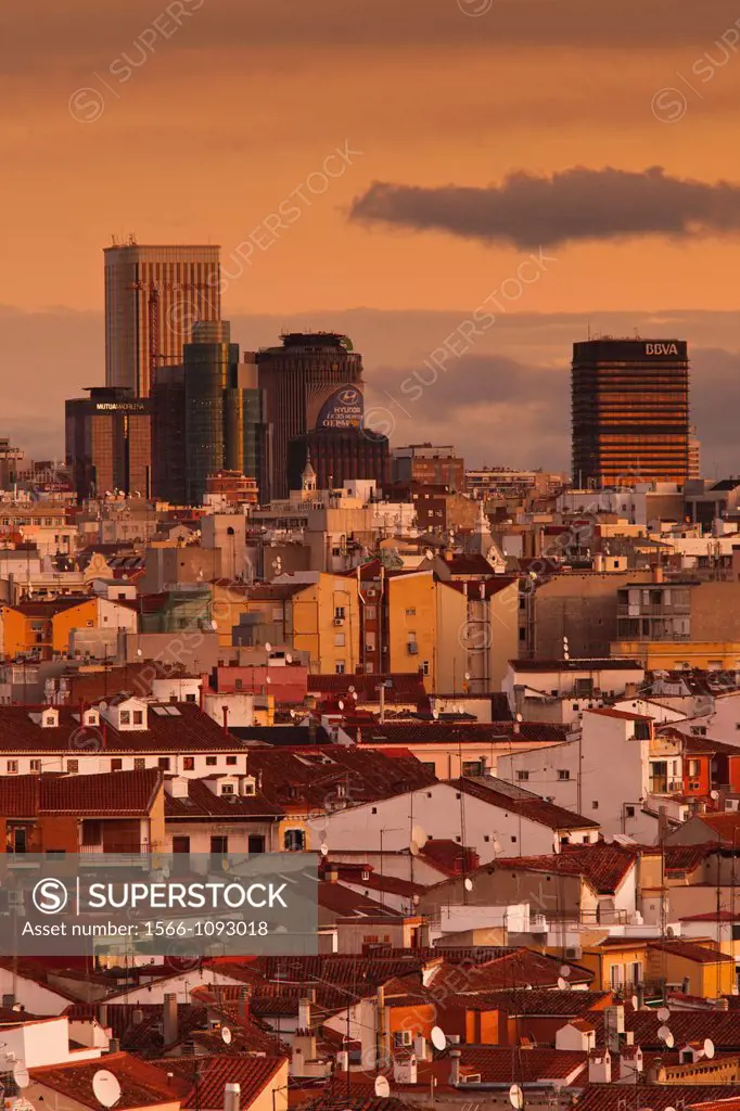 Spain, Madrid, Centro Area, elevated view of office towers in northern Madrid, dawn