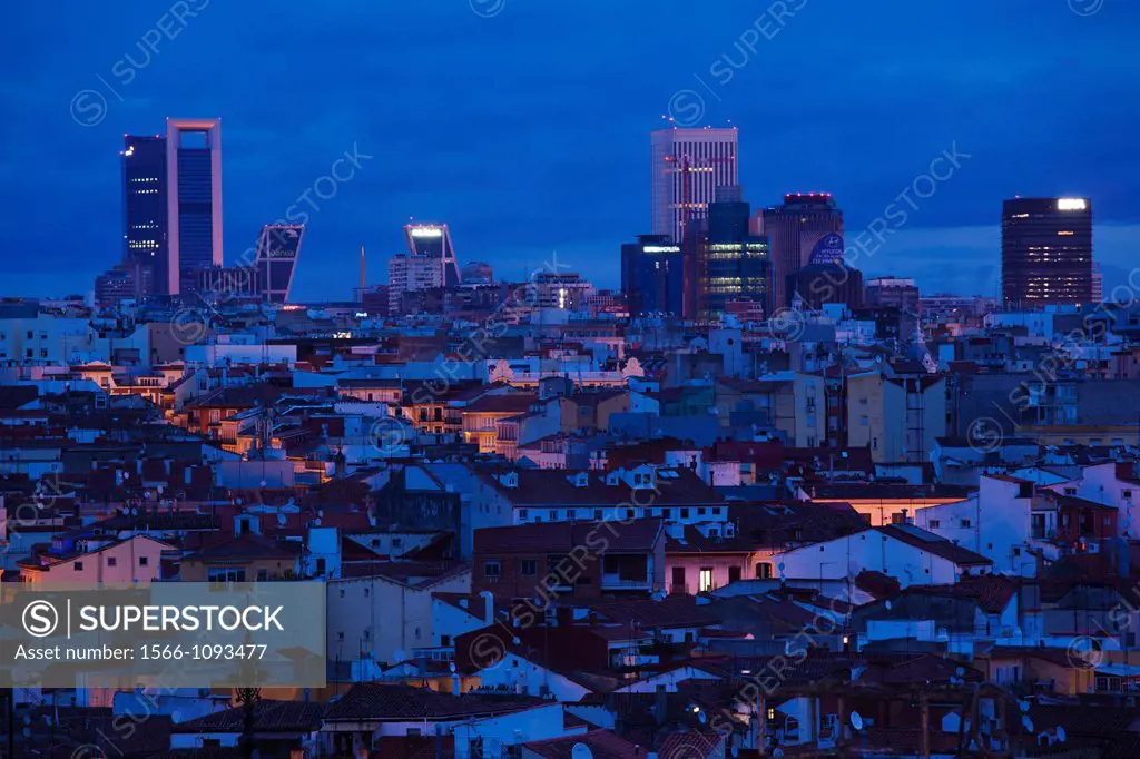 Spain, Madrid, Northern Madrid Area, elevated view of office towers in northern Madrid, evening