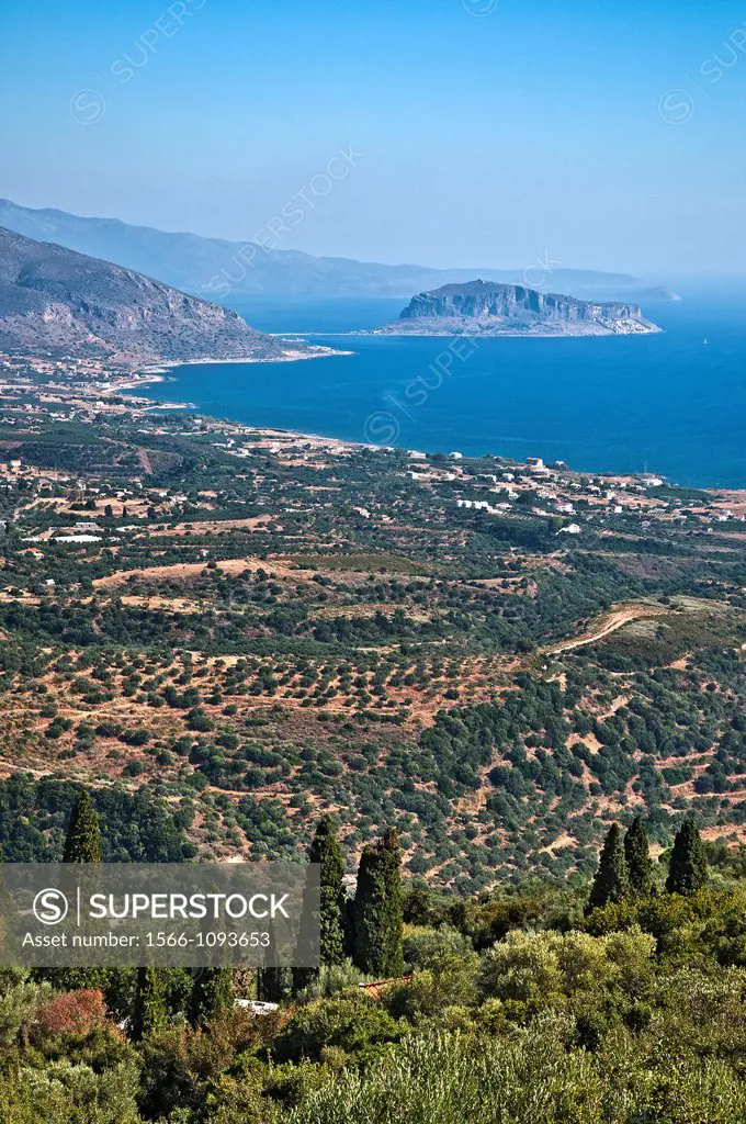 Looking down from Agia Sofia to the eastern coast of the Maleas Peninsula with Monemvasia in the background, Lakonia, Peloponnese, Greece