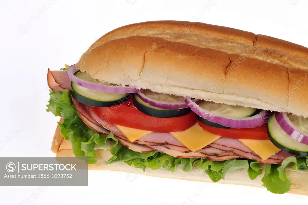 Ham and cheese salad sandwich on a sub roll with lettuce, tomato, onion and cucumber