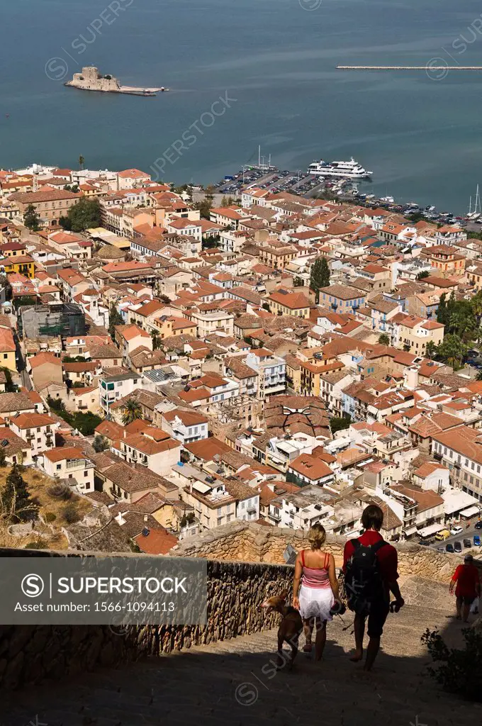 Looking down on the old town of Nafplio and across the Argolikos Gulf, from the steps leading up to the Palamidihi fortress  Argolid, Peloponnese, Gre...