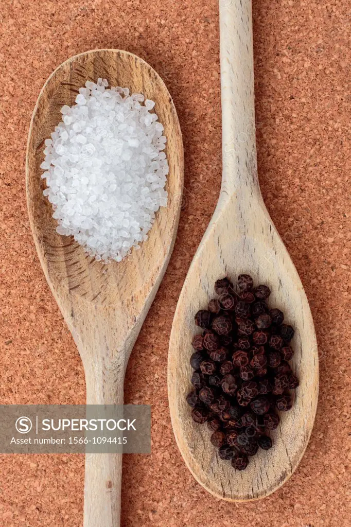 Course sea salt and peppercorns on wooden spoons