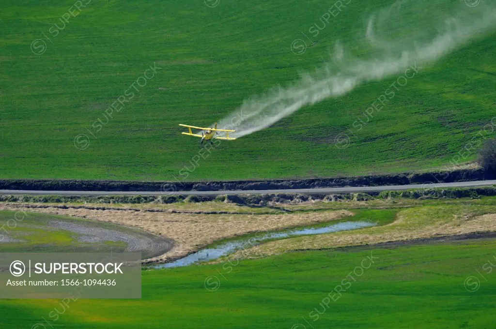 Crop duster aircraft spraying Palouse farmland Washington