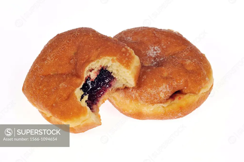 2 donuts on white background, one has been bitten into