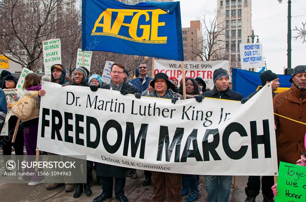 Detroit, Michigan - Hundreds of people marched for jobs, peace, and justice on the Martin Luther King Jr holiday