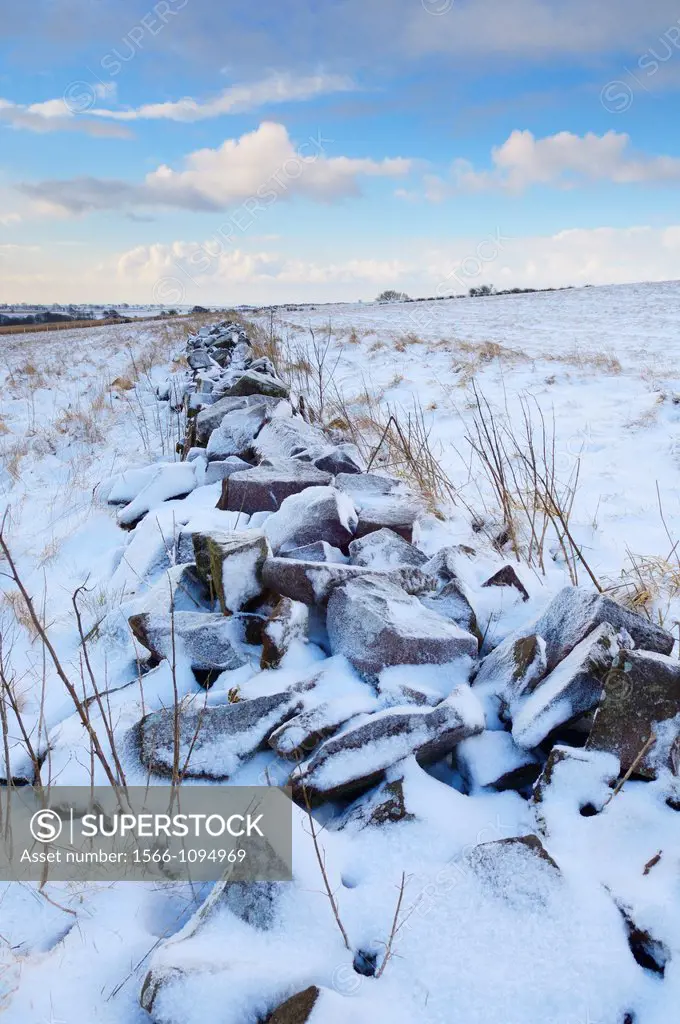 An old stone wall in snow on North Hill on the Mendip Hills near Priddy, Somerset, England, United Kingdom