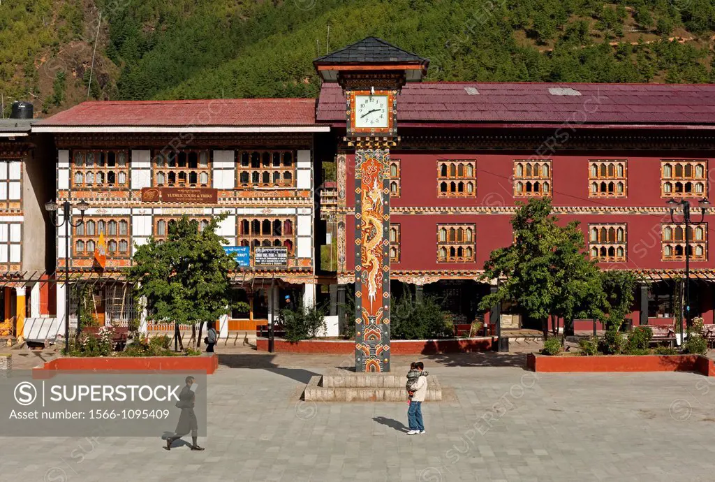 The central square with the clock tower in Thimphu, Bhutan