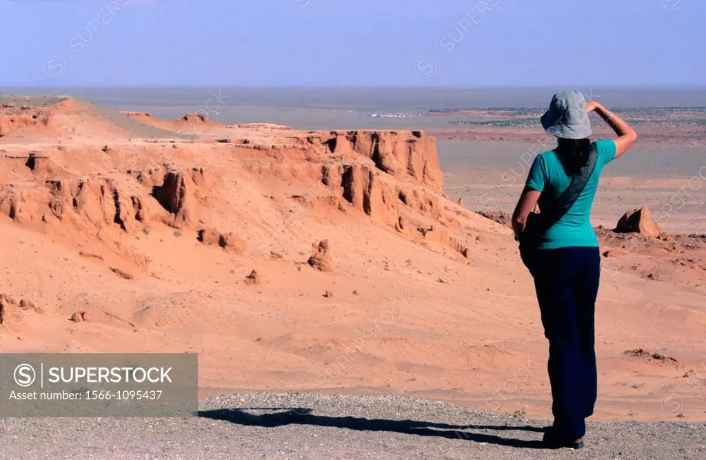 Panorama of the red earth of Bayanzag flaming cliffs, aka dinosaur cemetery, Gobi Desert, Mongolia