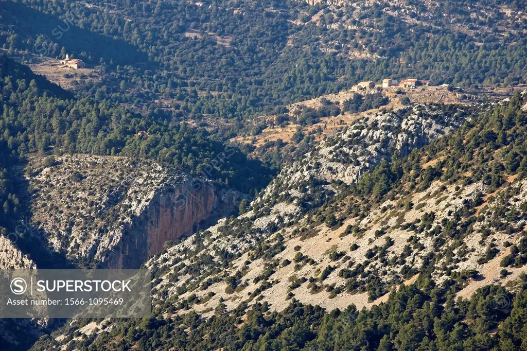 View of the hermitage of San Bartolome in Vistabella Maestrat and Montlleó River Basin from Bald Rock - Culla - Alt Maestrat - Province - Andalusia - ...