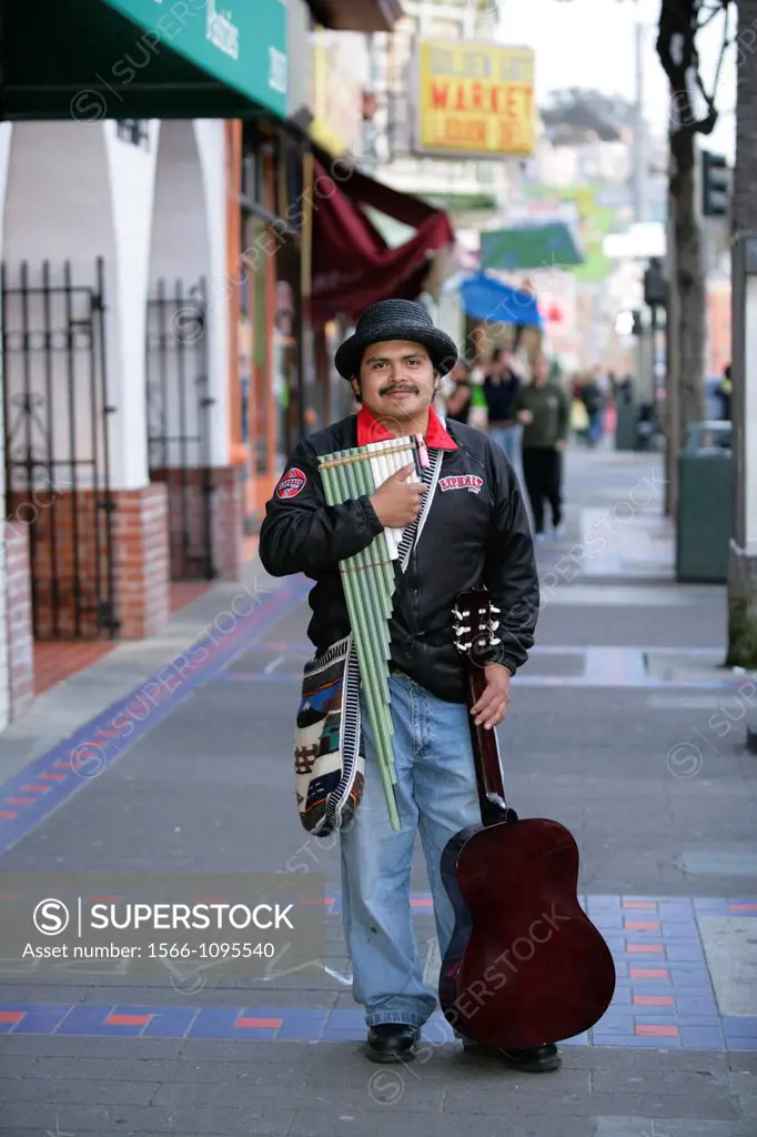 Portrait of a hispanic musician on Mission Street, San Francisco, California, USA  Mission District is one of the most colorful neighborhoods of San F...
