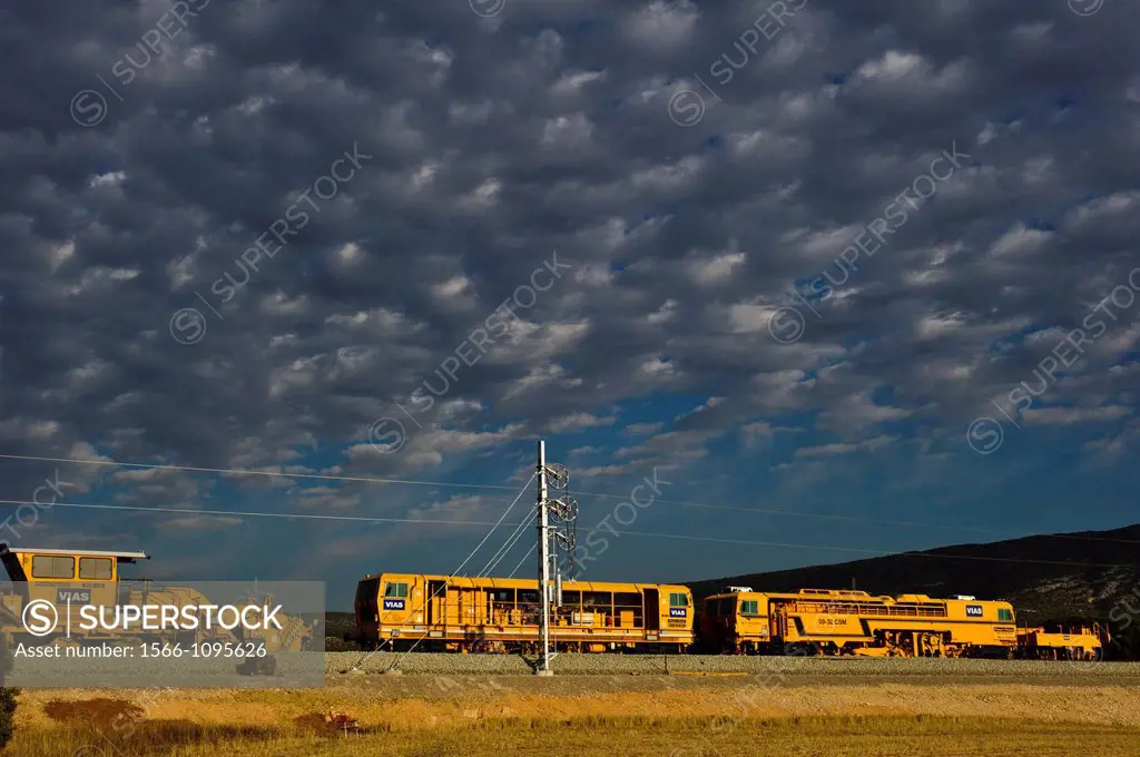Railway and clouds, Alpera, Albacete province, Castilla-La Mancha, Spain