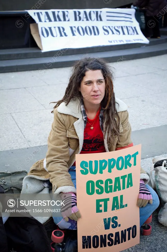 Activists gather in Foley Square in New York to support OSGATA farmers in their litigation against Monsanto to protect their crops from genetic trespa...