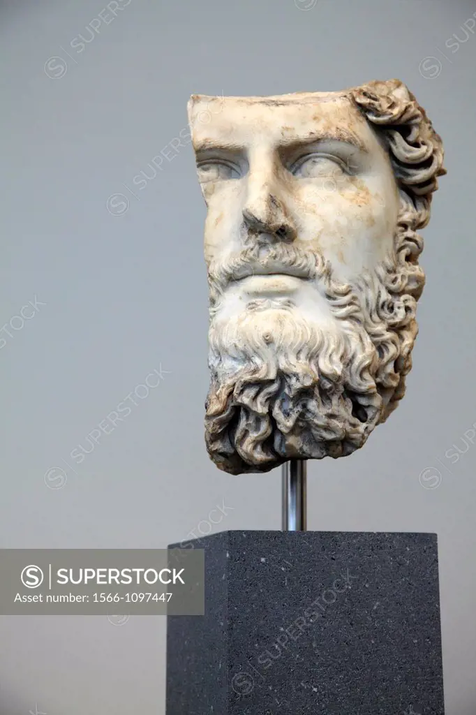 The marble portrait of the emperor Lucius Verus from Roman Flavian period display in the exhibition hall of Greek and Roman art in Metropolitan Museum...