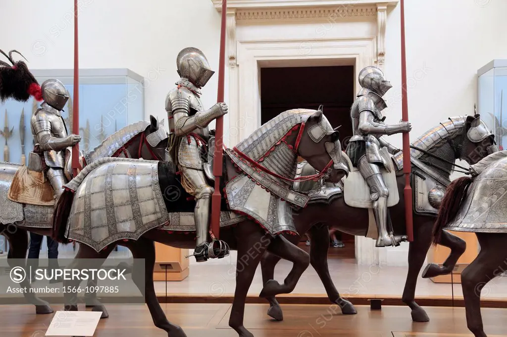 Etched steel armors for man and horse from 16th century Germany display in the Armors collection in Metropolitan Museum of Art  Manhattan  New York Ci...