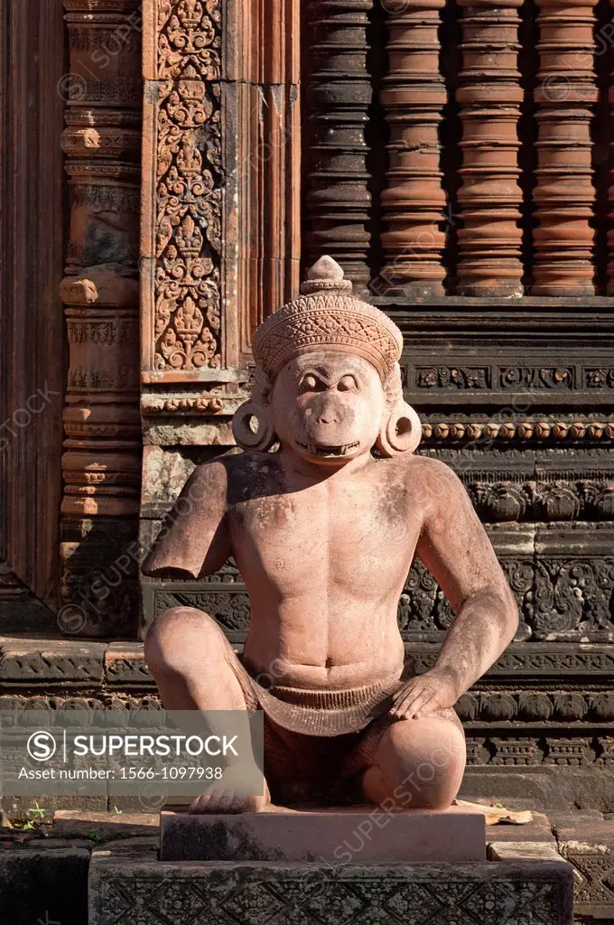 Statue of the Hanuman deity as temple guardian, Banteay Srei temple, Citadel of the Women, Angkor, Cambodia