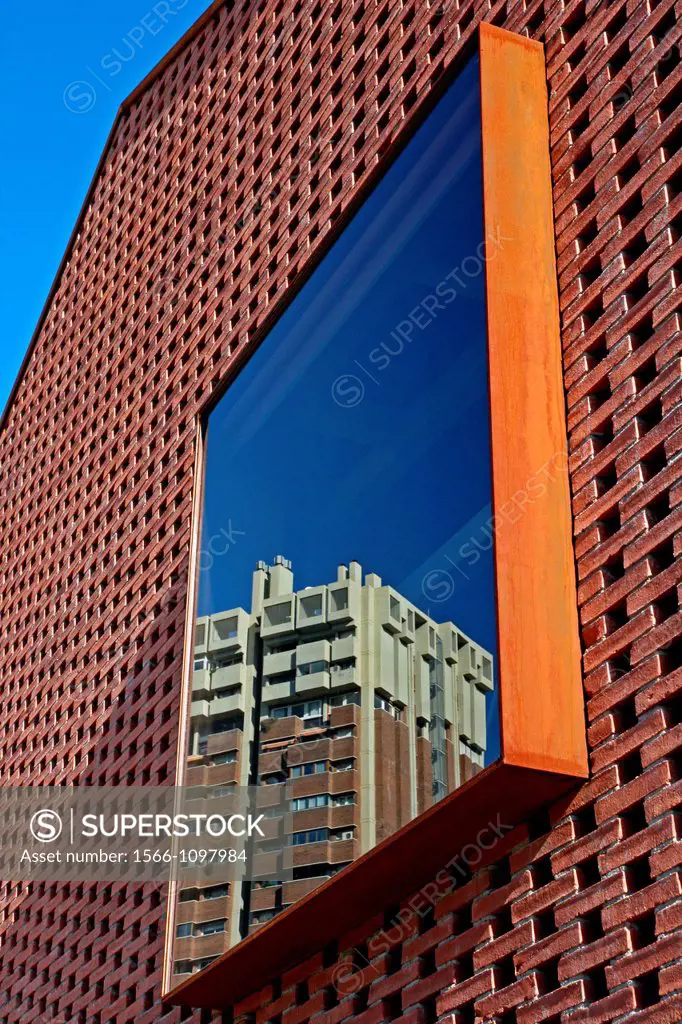 reflection, Simbol building, cultural center Baronda, old factory, Parc dels Torrens, Esplugues de Llobregat, Catalonia, Spain