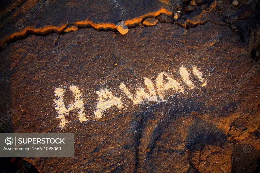 Hawaii sign in sand on lava rock, Makalawena Beach, Kekaha Kai State Park, Kona, Island of Hawaii, Hawaii