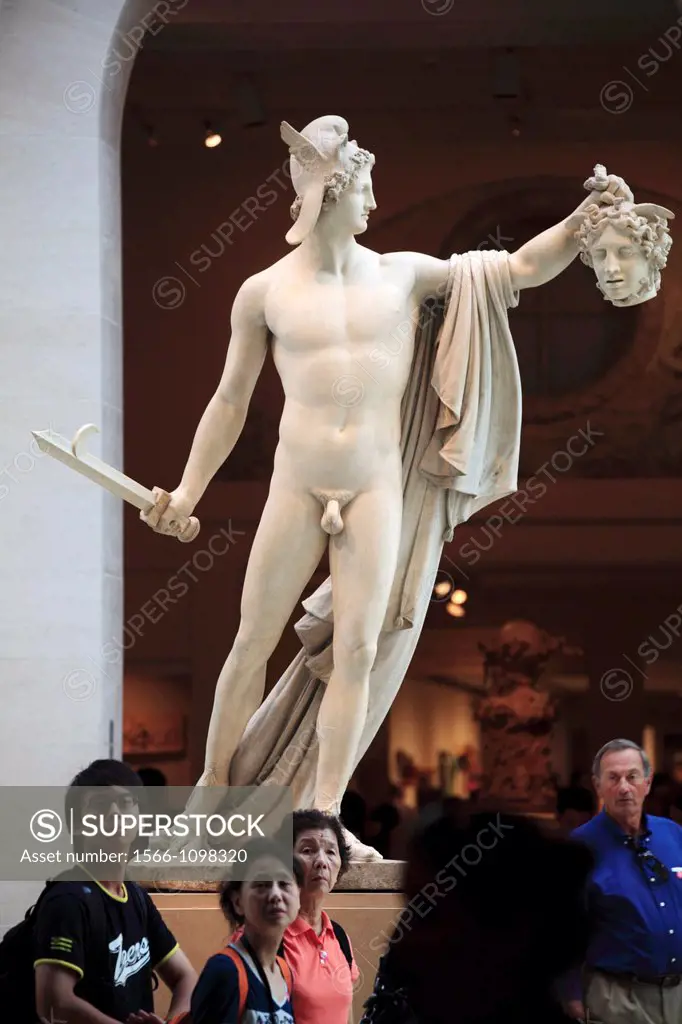 The marble statue of Perseus with the head of Medusa with a group of visitors in foreground in Metropolitan Museum of Art  Manhattan  New York City  U...