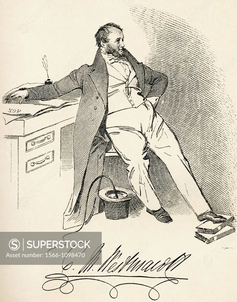 Charles Molloy Westmacott, c  1788 - 1868  British journalist and author who sometimes wrote under the pseudonym Bernard Blackmantle  From The Maclise...