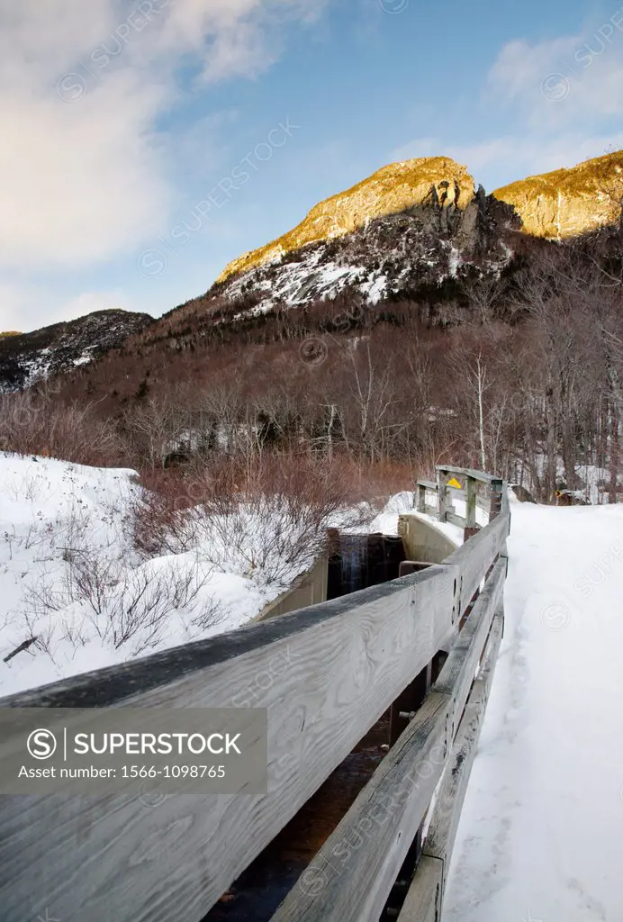 Franconia Notch State Park - Scenic view along the Faranconia Notch Bike Path during the winter months in the White Mountains, New Hampshire USA
