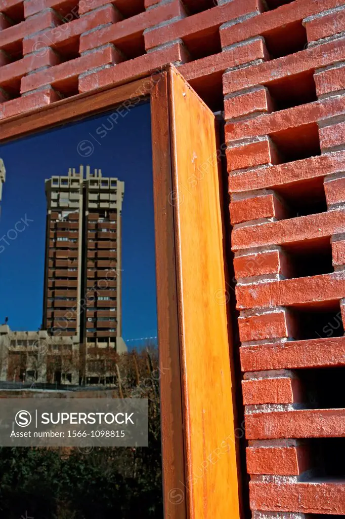 reflection, Simbol building, cultural center Baronda, old factory, Parc dels Torrens, Esplugues de Llobregat, Catalonia, Spain
