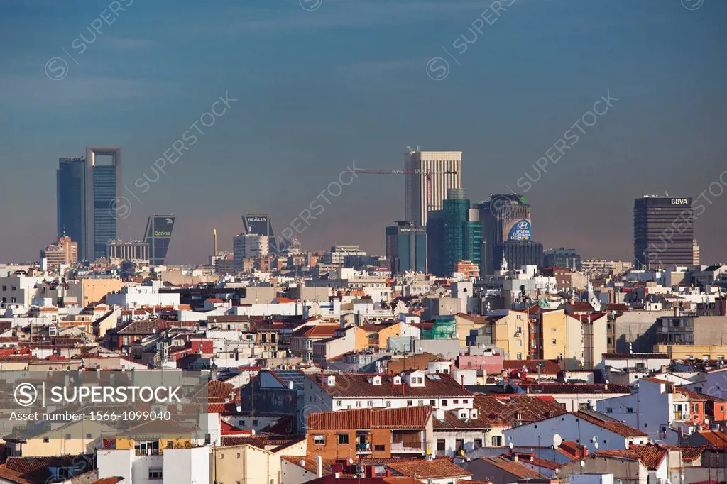 Spain, Madrid, Centro Area, elevated view of office towers in northern Madrid, morning