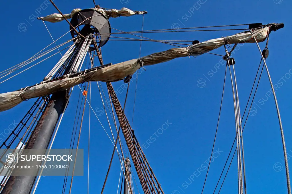 mast, sails, Nao Victoria, Maritime Museum, Barcelona, Catalonia, Spain