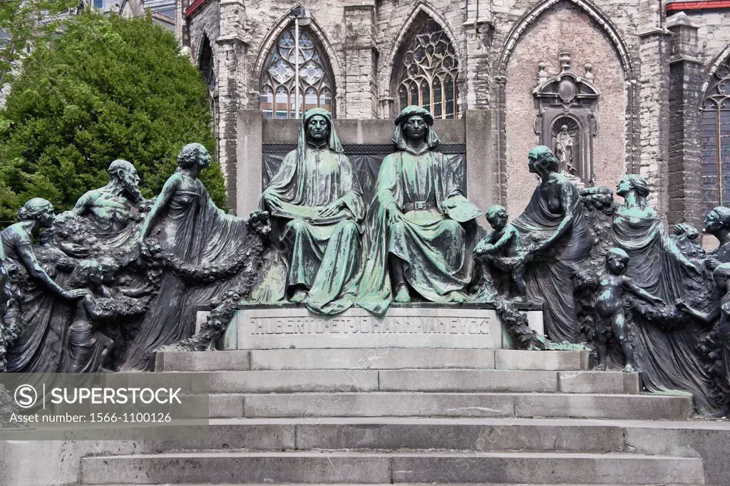 Statue of the brothers Hubert van Eyck and Jan van Eyck near the Sint-Bavo Cathedral, Ghent, Belgium, Europe