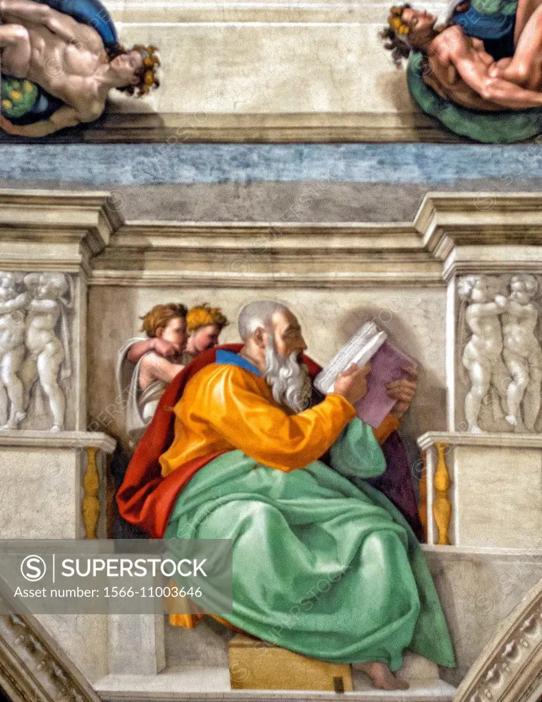 Michelangelo´s fresco of Zechariah , one of Seven Prophets, Sistine Chapel, Vatican Museum, Rome, Italy.