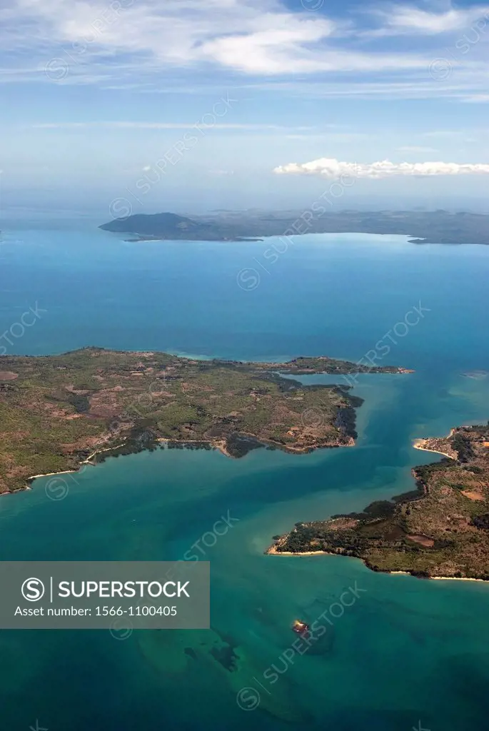 aerial view over Ambato cape, Nosy Faly island and Nosy Be background, Republic of Madagascar, Indian Ocean
