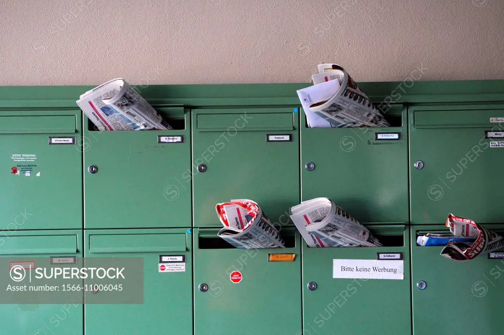 Newspapers stuck letter boxes / Memmingen, Germany