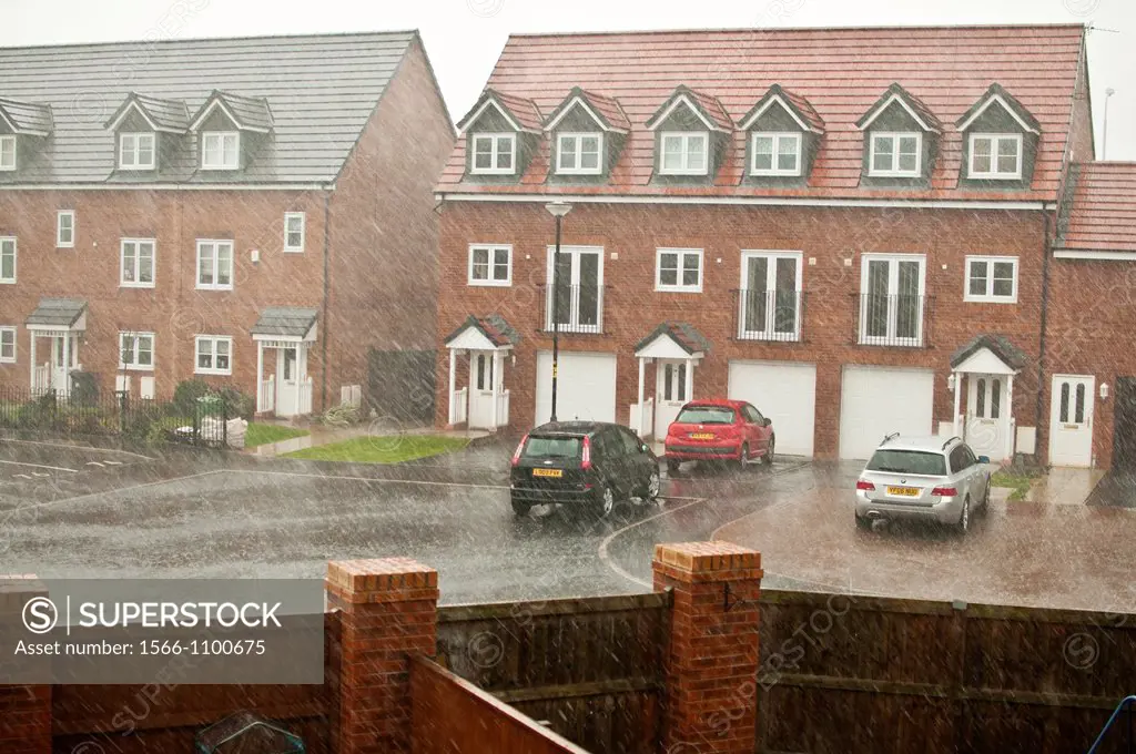torrential rain on urban housing estate,blackpool,england,uk,europe