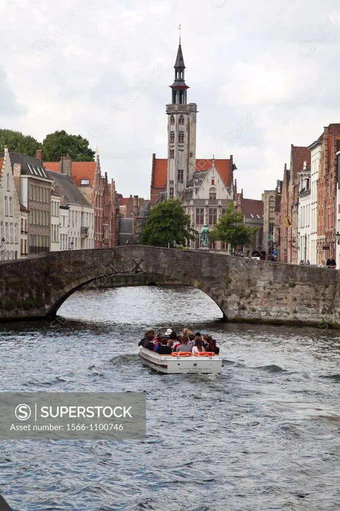 Tour boat in the canals of Bruges, Flanders, Belgium